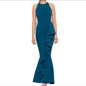 Betsy & Adam Halter Side-Ruffle Scuba Crepe Gown